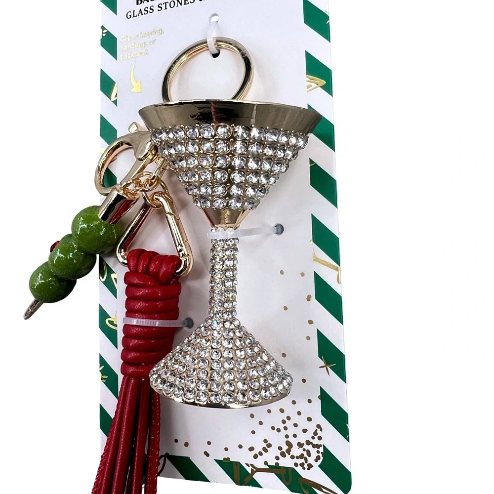 Piper K Martini Glass Olive‎ Bag Charm Keychain Rhinestone Cocktail Tassel NWT